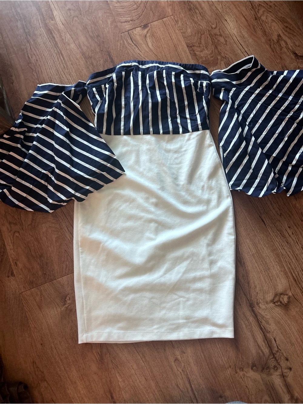 VENUS Navy and White Striped Off-Shoulder Pencil Dress